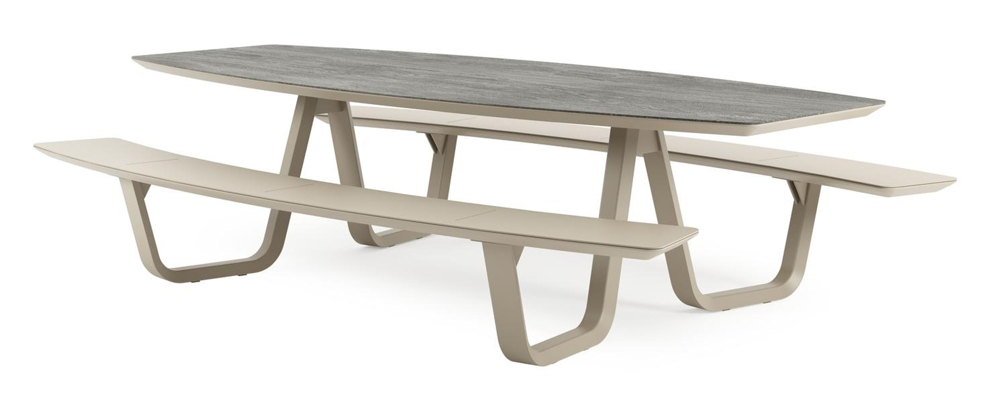 Table de pique-Forno forme de bateau en aluminium beige et céramique pleine Aspen Grey - Lg. 280 x Lrg. 192 x Haut. 72 cm