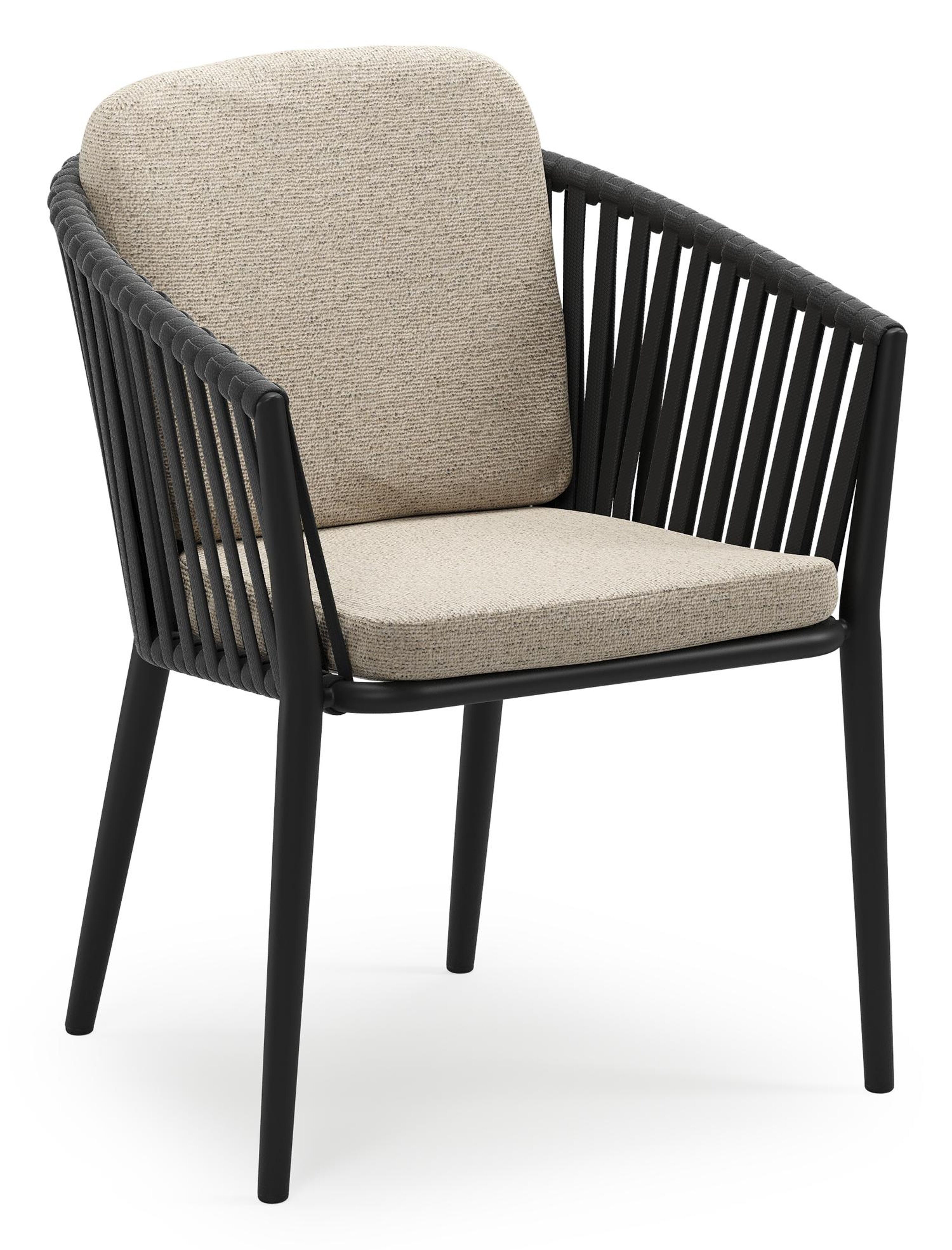 Orso stapelbare tuinstoel in zwart aluminium en zwart verticaal geweven luxe vlakke brede rope met stoelkussen in All Weather Cosytica Marbella Beige