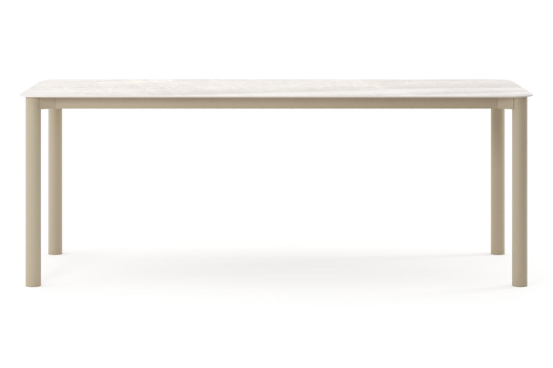 Table de jardin Orso rectangulaire arrondi en aluminium beige et céramique pleine Taj Mahal - Lg. 200 x Lrg. 80 x Haut. 74.5 cm