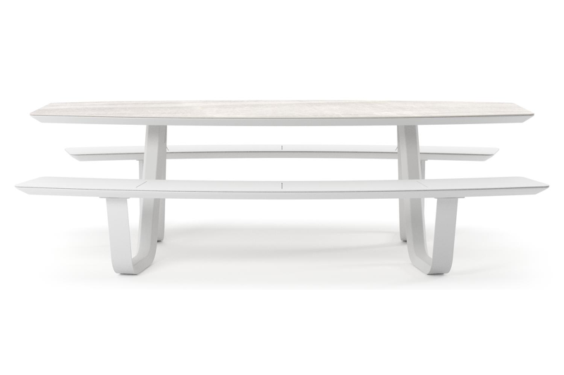 Table de pique-nique Forno forme de bateau en aluminium blanc et céramique pleine Taj Mahal - Lg. 240 x Lrg. 181 x Haut. 72 cm