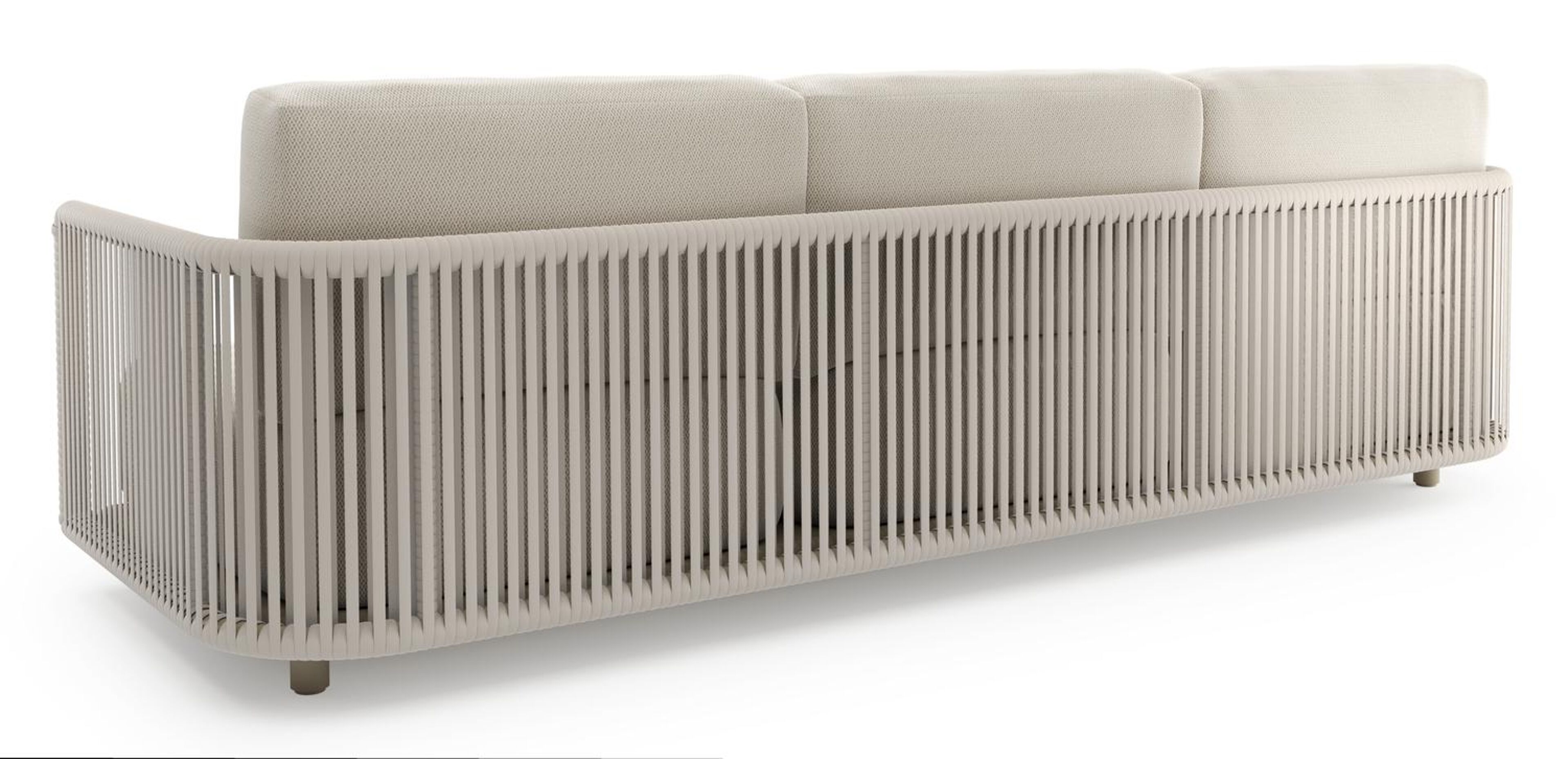 Organo loungebank in beige aluminium en beige verticaal geweven luxe vlakke rope met lopi marble all weather Sunbrella® luxe kussen