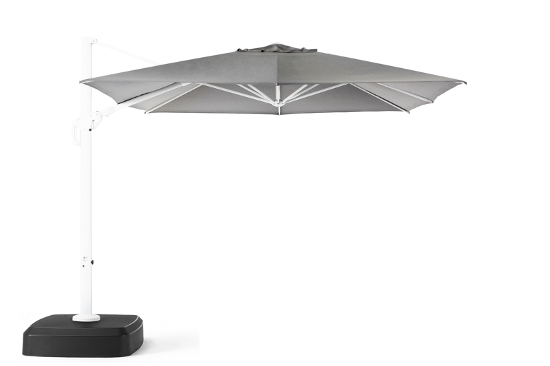 Minore zweefparasol met tiltfunctie in wit aluminium met natte charcoal chine all weather sunbrella® luxe parasoldoek - L1 x L2 350 cm (met voet)