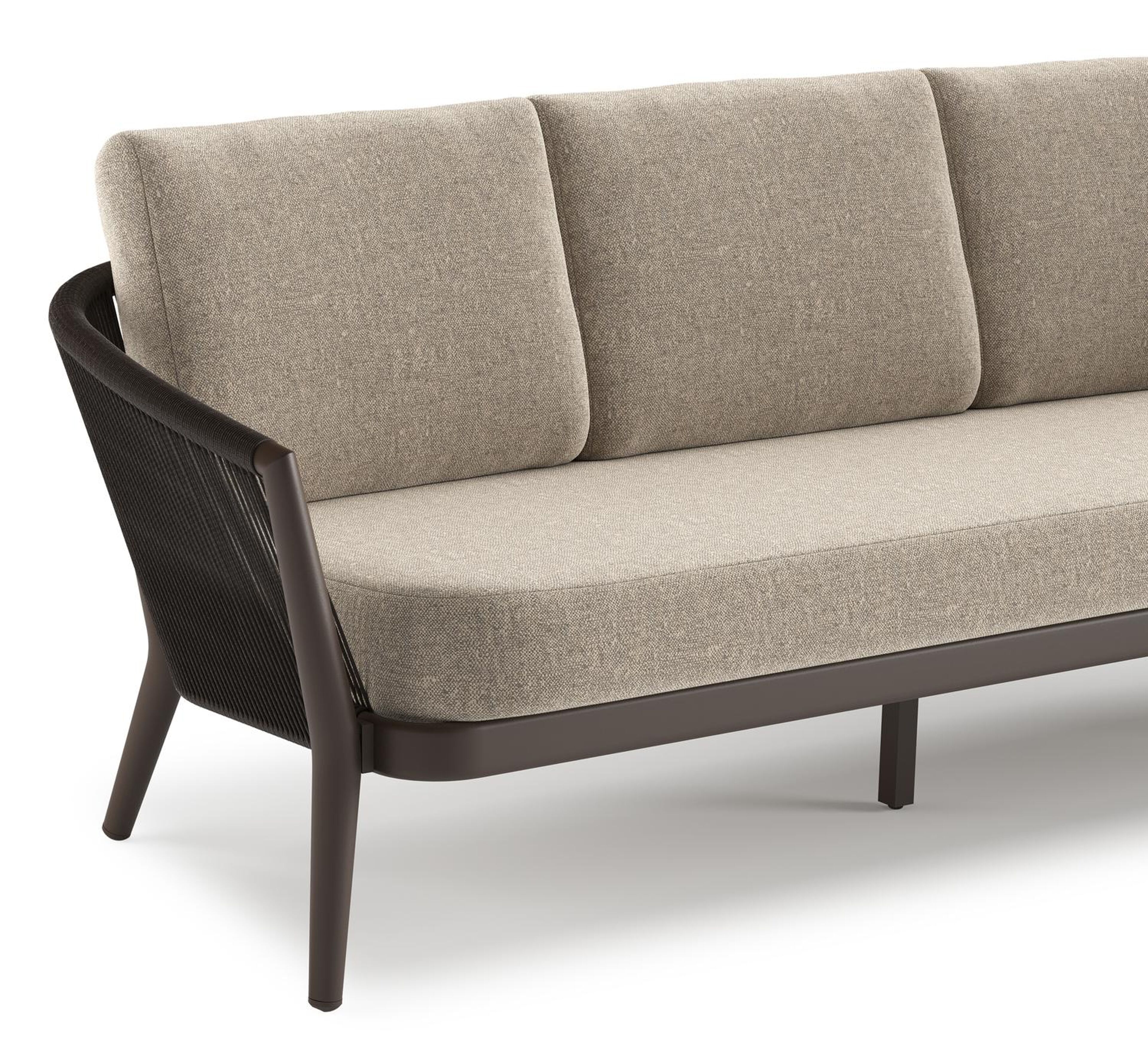 Canapé de jardin Orso en aluminium brun foncé en corde ronde tissée verticalement brun foncé et coussins en all weather sunbrella® luxe Chartres Pewter
