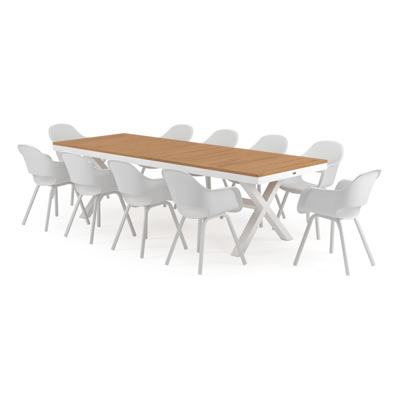 Reza tuinset in wit aluminium en naturel teak tafelblad met 10 Artena tuinstoelen