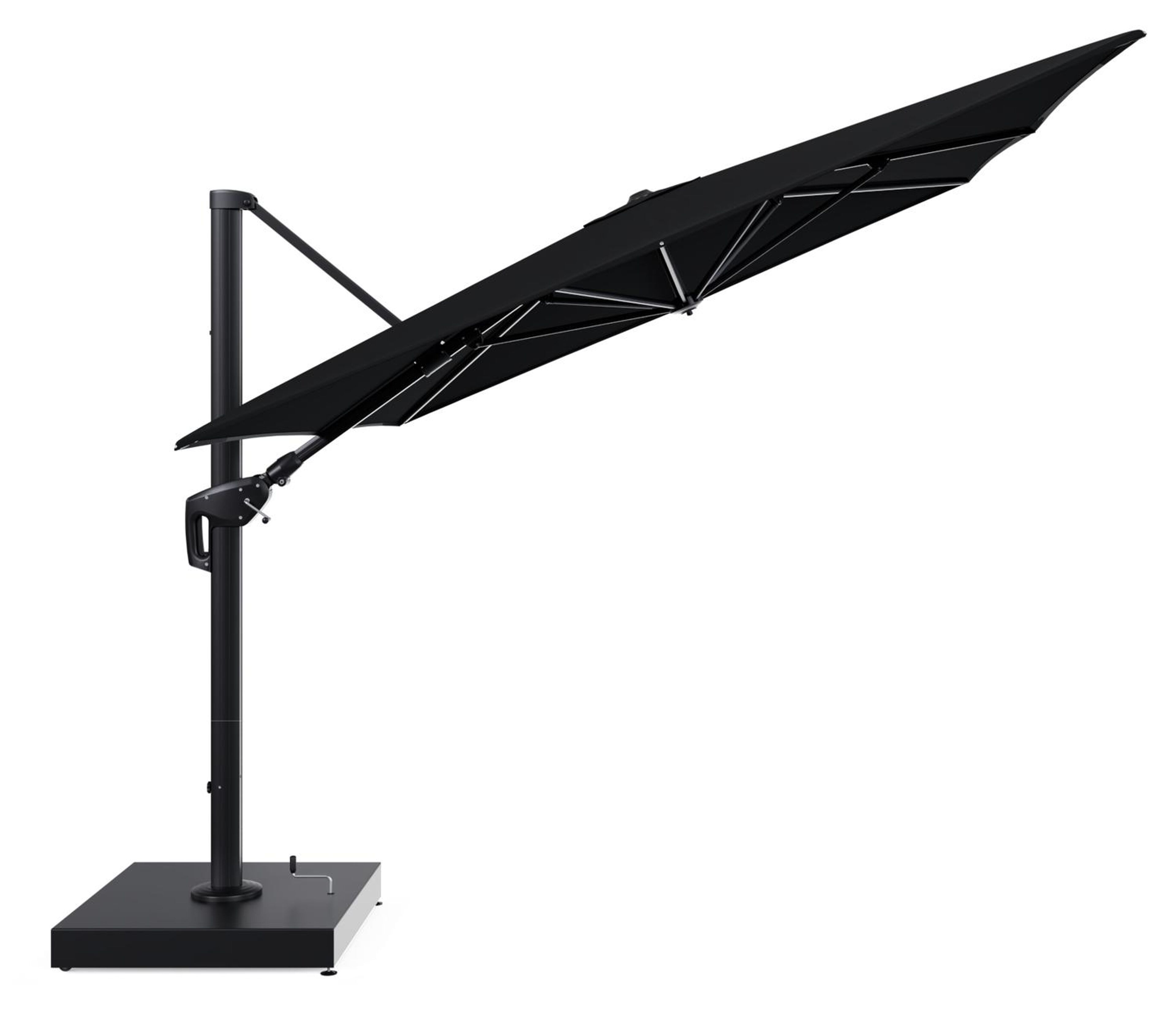 Parasol pendant Minore avec fonction tilt en aluminium noir et toile de parasol All Weather Sunbrella® Premium noir - Lg.1 400 x Lg.2 300 cm avec pied de parasol Minore 260 kg avec roulettes