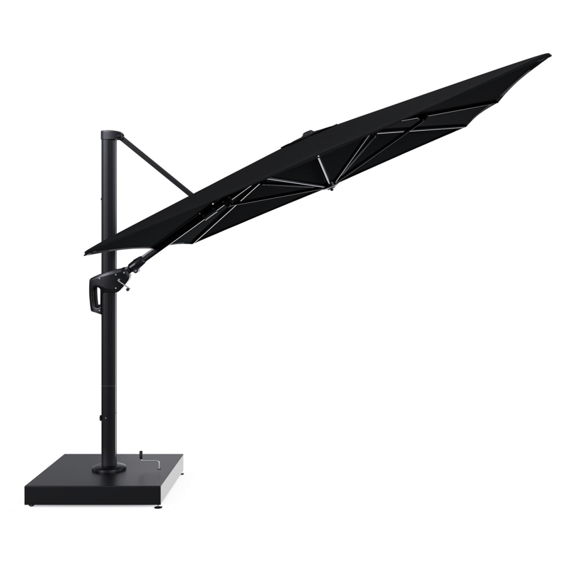 Parasol pendant Minore avec fonction tilt en aluminium noir et toile de parasol All Weather Sunbrella® Premium noir - Lg.1 400 x Lg.2 300 cm avec pied de parasol Minore 260 kg avec roulettes