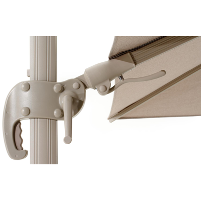 Avola zweefparasol met tiltfunctie in beige aluminium en rustic Weather+ Softtouch parasoldoek - L1 300 x L2 300 cm met Avola parasolvoet beige 90 kg