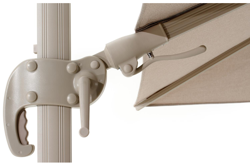 Avola zweefparasol met tiltfunctie in beige aluminium en rustic Weather+ Softtouch parasoldoek - L1 300 x L2 300 cm met Avola parasolvoet beige 90 kg