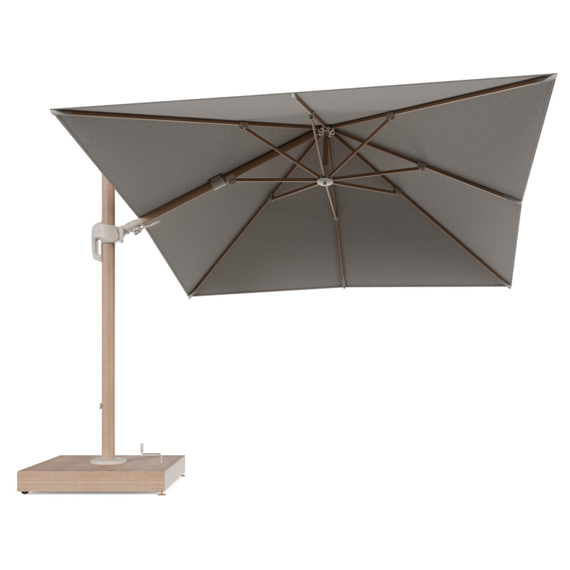 Rufina zweefparasol met tiltfunctie in houtlook aluminium en Firenze Sand All Weather Solica parasoldoek - L1 300 x L2 300 cm met parasolvoet Minore 260 kg met wielen