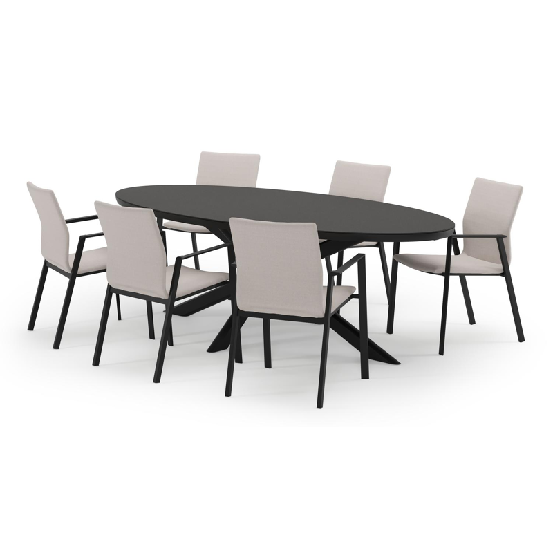 Pamplona ovale tuinset in zwart aluminium en sintered stone notte minerale met 6 Madura tuinstoelen