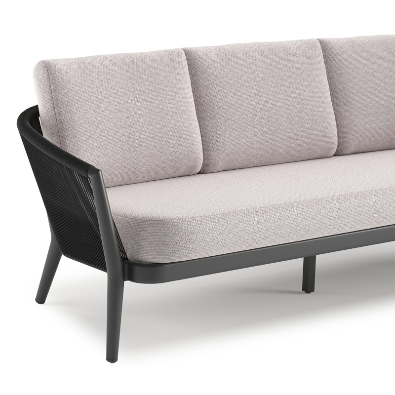 Orso loungeset in zwart aluminium en zwart verticaal geweven ronde rope met Wander Gobi all weather sunbrella® luxe kussen