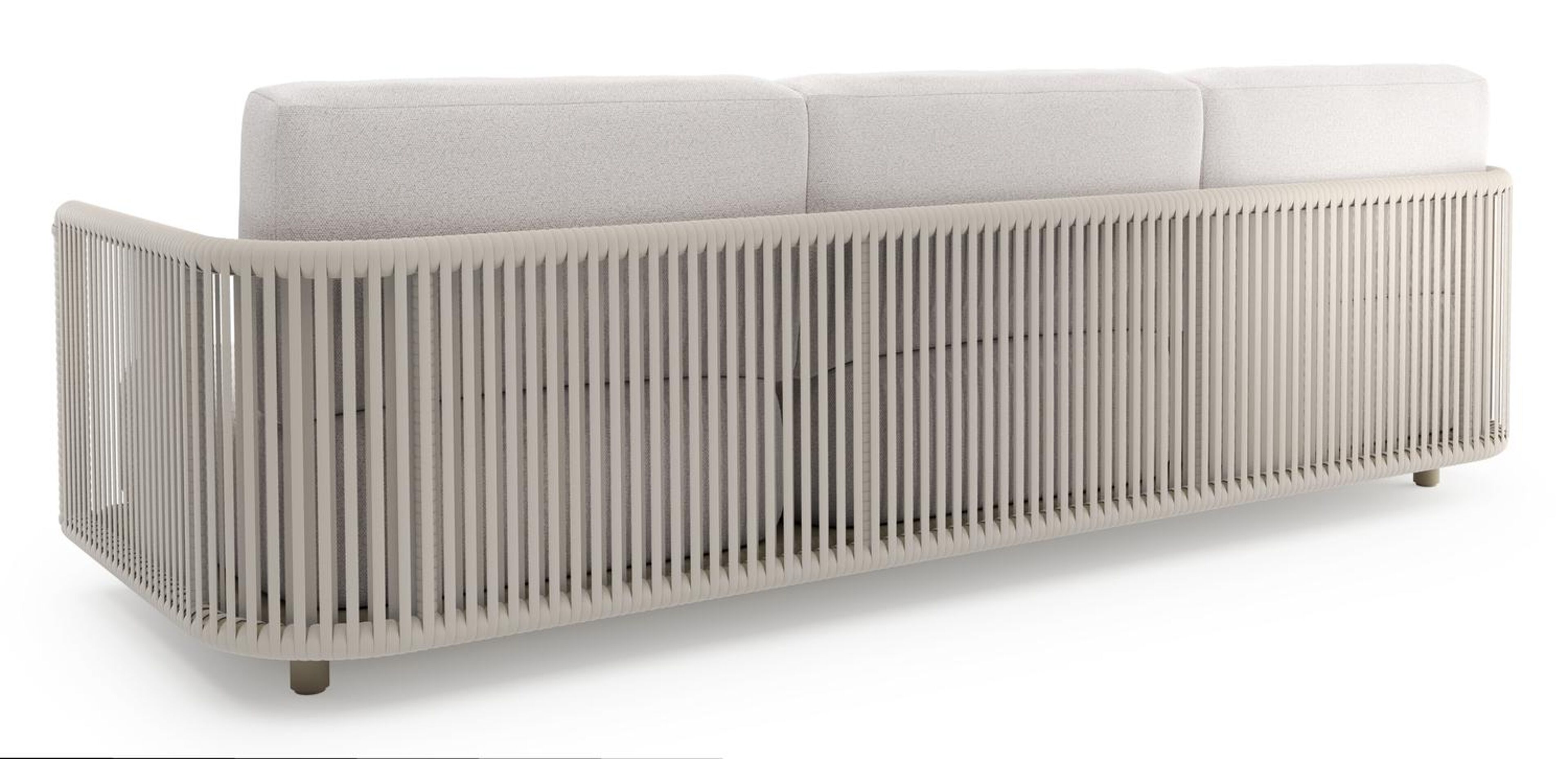 Organo loungebank in beige aluminium en beige verticaal geweven luxe vlakke rope met ego eggshell all weather Solica kussen