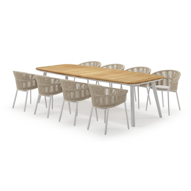 Mosa bootvormige tuinset in wit aluminium en teak natural finish met 8 Matera tuinstoelen