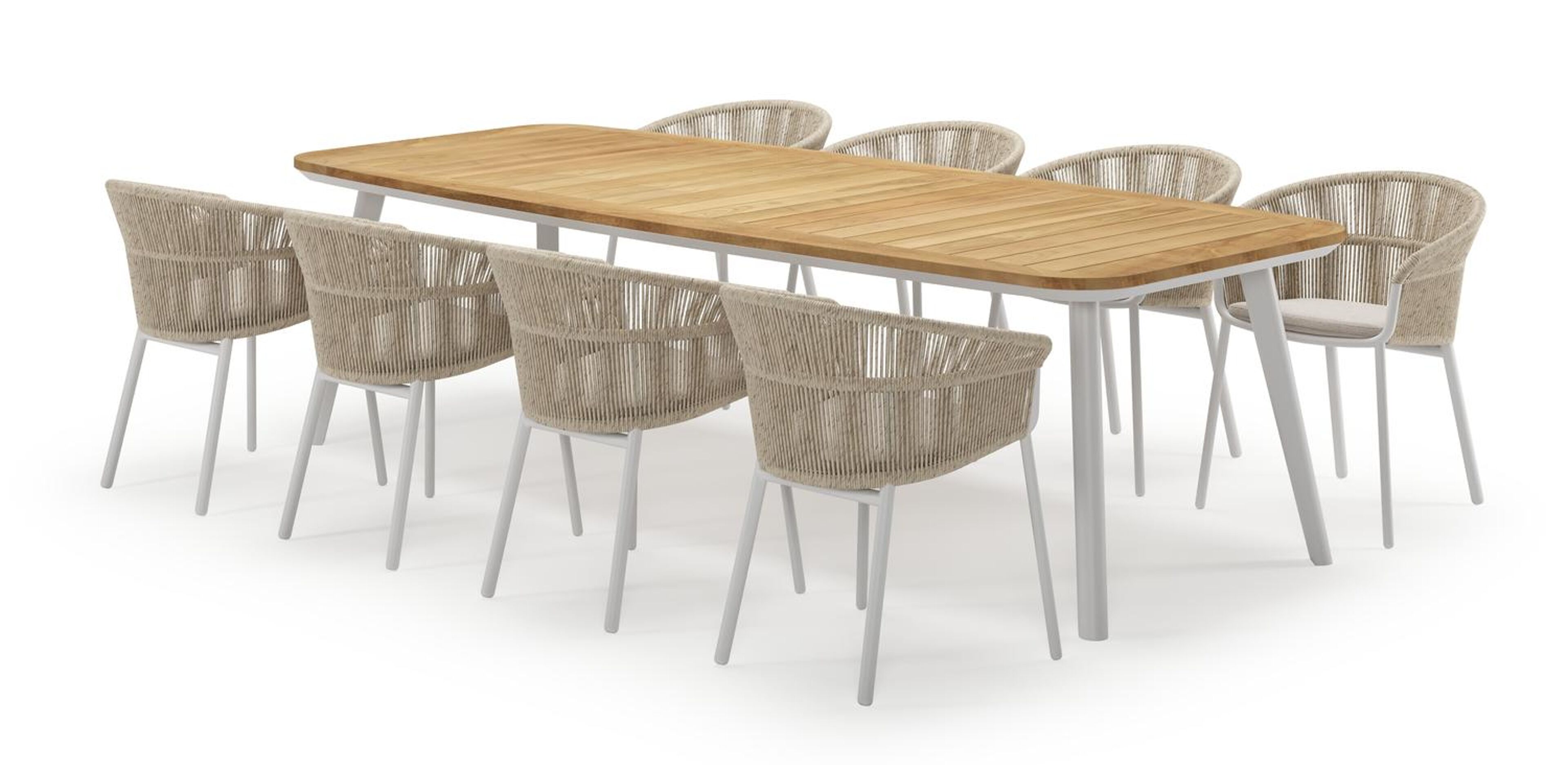 Mosa bootvormige tuinset in wit aluminium en teak natural finish met 8 Matera tuinstoelen