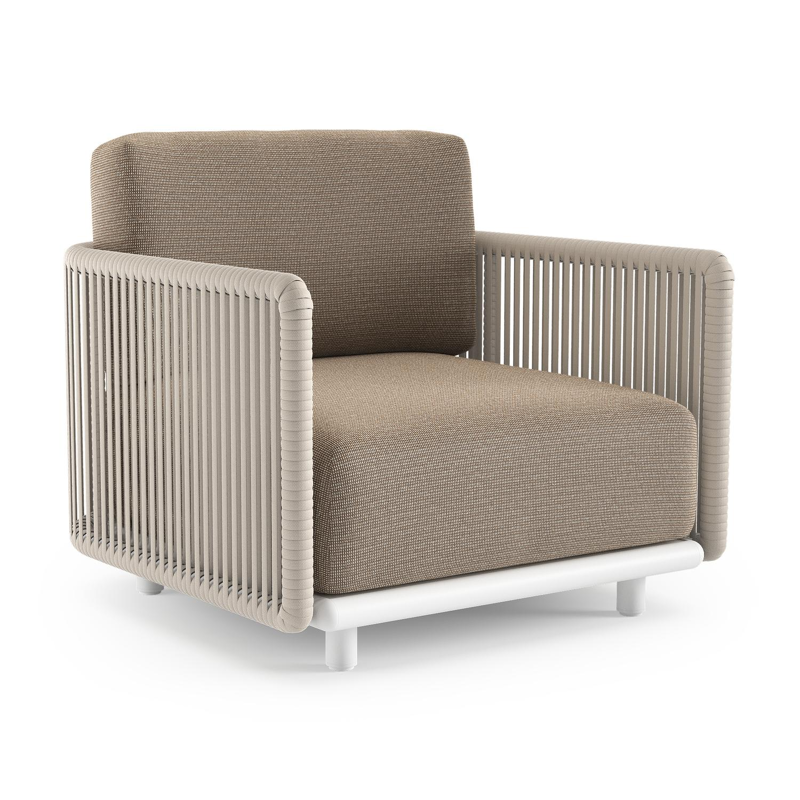 Organo loungestoel in wit aluminium en beige verticaal geweven luxe vlakke rope met firenze earth all weather Solica kussen