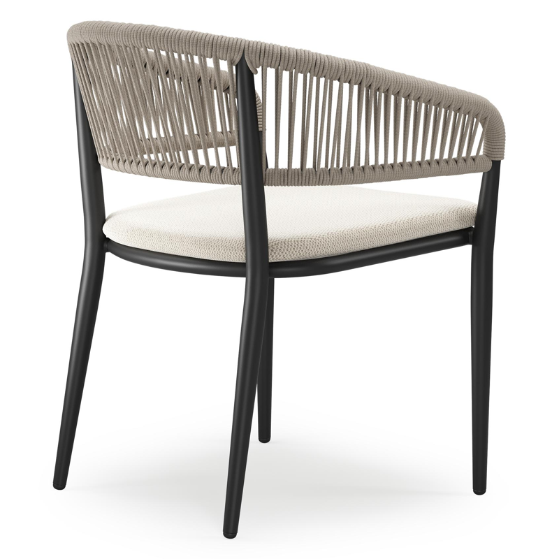 Tolfa stapelbare tuinstoel in zwart aluminium en beige verticaal geweven ronde rope met stoelkussen in All Weather Sunbrella® Luxe Lopi Marble