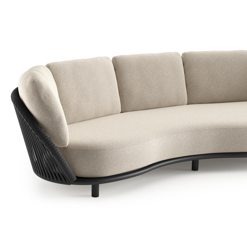 Lupino loungeset in zwart aluminium en zwart verticaal geweven luxe vlakke brede rope met marbella ecru all weather cosytica kussen