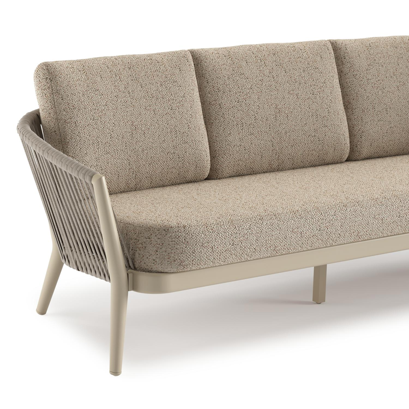 Orso loungebank in beige aluminium en beige verticaal geweven ronde rope met Bora Jungle all weather cosytica kussen