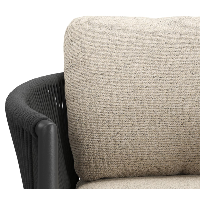 Organo tuinstoel in beige aluminium en beige verticaal geweven ronde rope met stoelkussen in All Weather Cosytica Marbella Beige