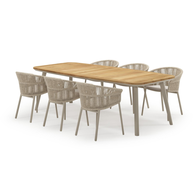 Mosa bootvormige tuinset in beige aluminium en teak natural finish met 6 Matera tuinstoelen