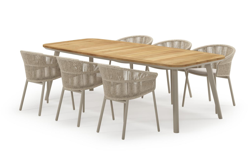 Mosa bootvormige tuinset in beige aluminium en teak natural finish met 6 Matera tuinstoelen