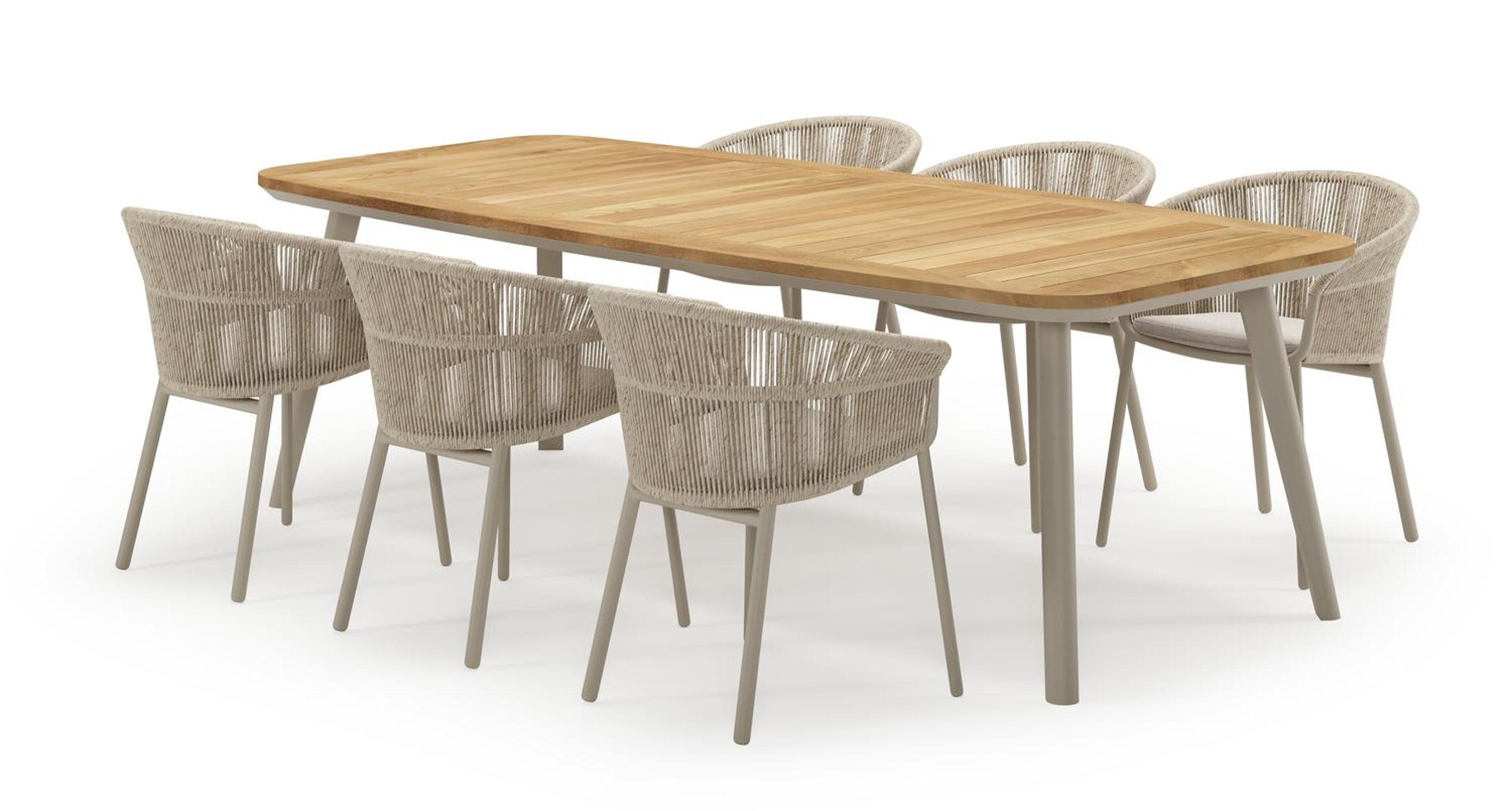 Mosa bootvormige tuinset in beige aluminium en teak natural finish met 6 Matera tuinstoelen