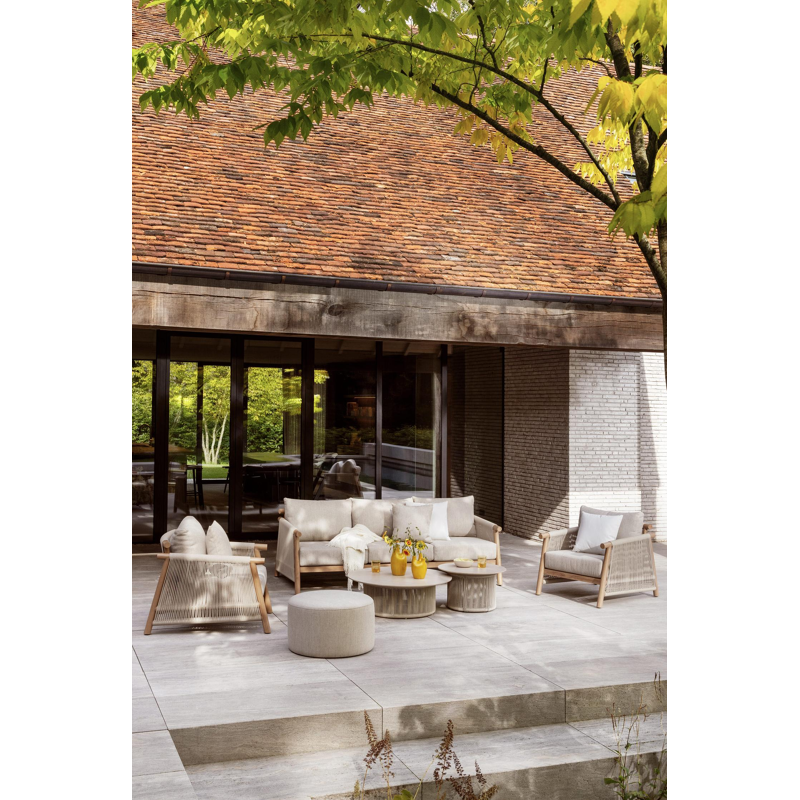 Salon de jardin Erla en corde ronde tissée verticalement beige et coussins en weather+ softtouch rustic et table basse