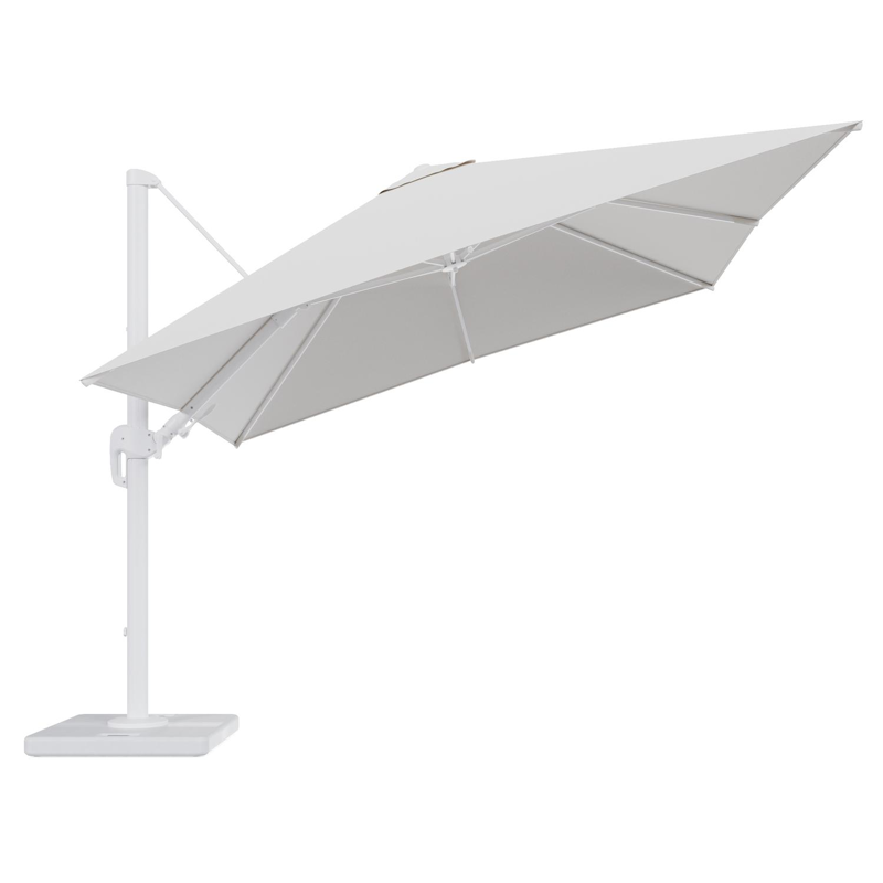 Rufina zweefparasol tiltfunctie in wit aluminium en parasoldoek in All Weather Solica Soul Optik - L1 300 x L2 300 cm met parasolvoet Lapido 120 kg