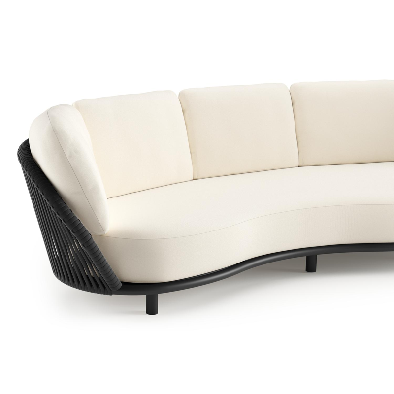 Canapé de jardin Lupino en aluminium noir et corde large plate de luxe tissée verticalement noir et coussins en all weather sunbrella® luxe natte white