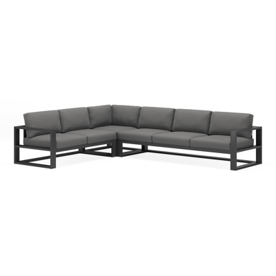 Verato loungehoek in zwart aluminium met natte charcoal chine all weather sunbrella® luxe kussens