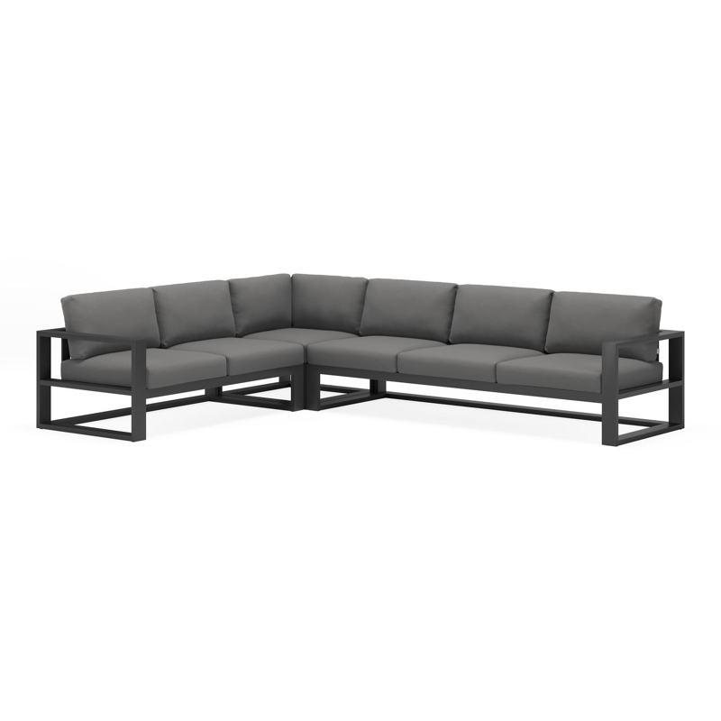 Verato loungehoek in zwart aluminium met natte charcoal chine all weather sunbrella® luxe kussens