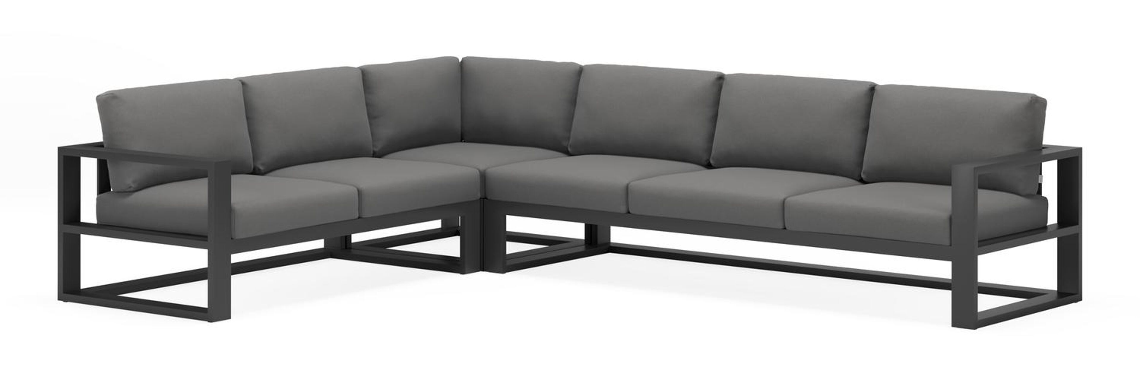 Verato loungehoek in zwart aluminium met natte charcoal chine all weather sunbrella® luxe kussens