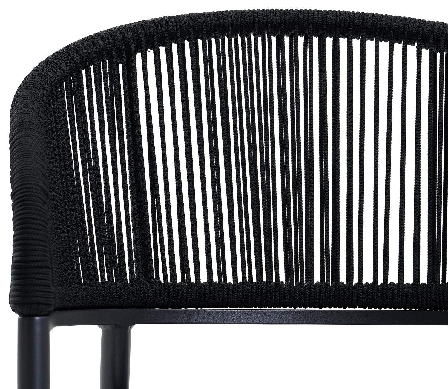 Lacrima tuinstoel in zwart aluminium en zwart verticaal geweven ronde rope met kussen in chartres sooty all weather sunbrella® luxe