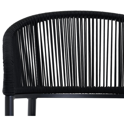 Lacrima tuinstoel in zwart aluminium en zwart verticaal geweven ronde rope met kussen in natte sooty all weather sunbrella® luxe