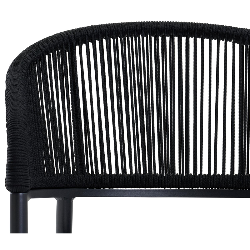 Lacrima tuinstoel in zwart aluminium en zwart verticaal geweven ronde rope met kussen in chartres sooty all weather sunbrella® luxe