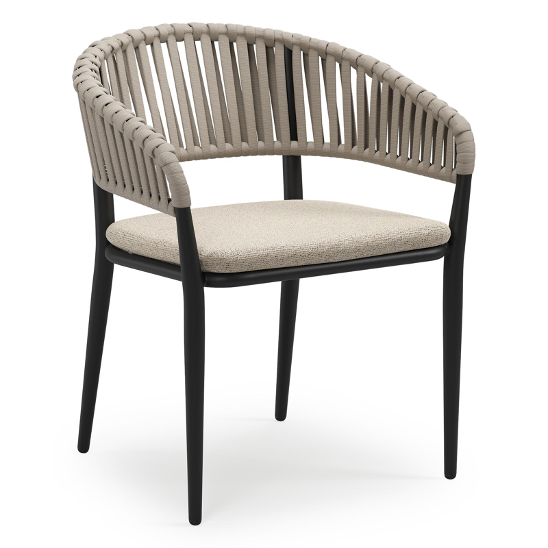 Tolfa stapelbare tuinstoel in zwart aluminium en beige verticaal geweven luxe vlakke brede rope met stoelkussen in All Weather Cosytica Marbella Beige
