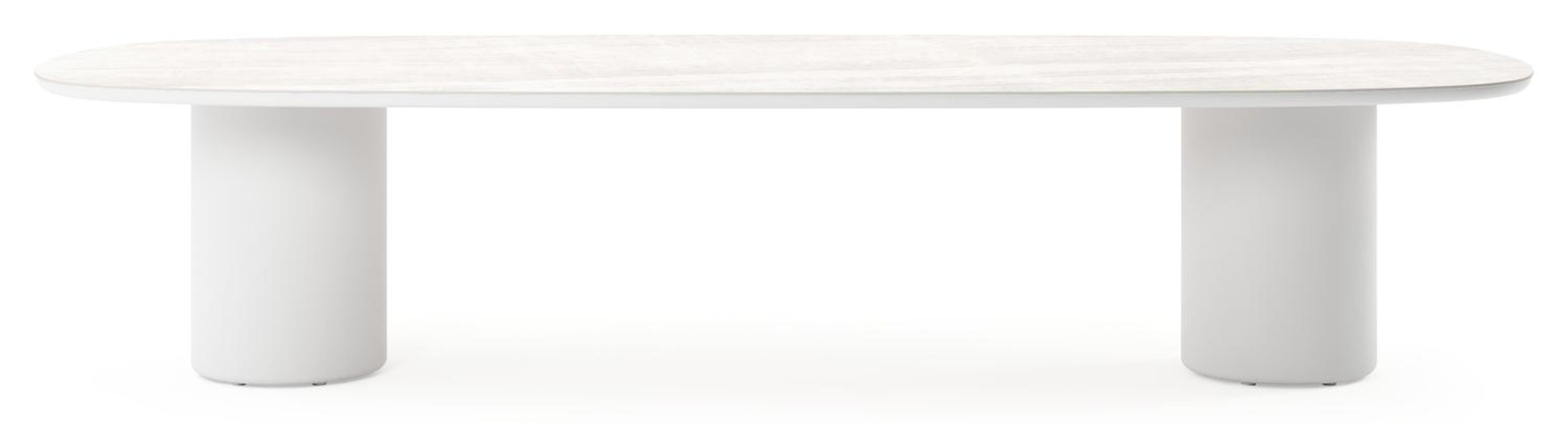 Table de jardin low dining Amico bombo en aluminium blanc et céramique pleine Taj Mahal - Lg. 320 x Lrg. 130 x Haut. 61 cm