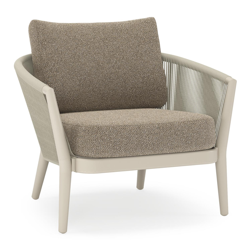 Fauteuil de jardin Orso en aluminium beige en corde ronde tissée verticalement beige et coussins en all weather cosytica Madagascar Burch