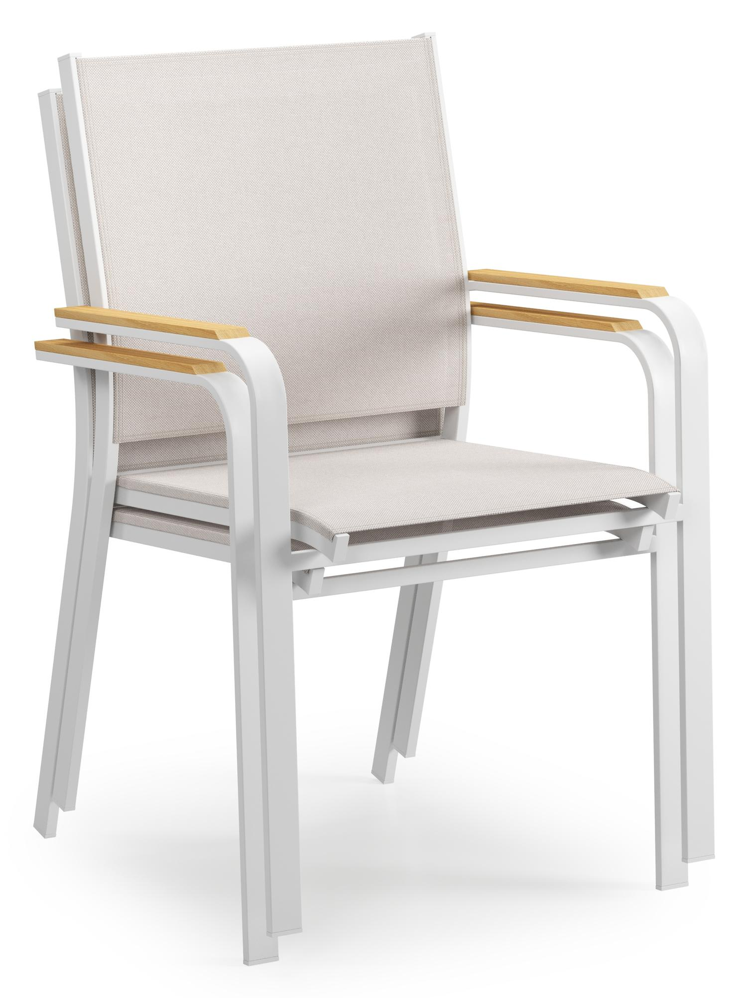 Amalfi tuinstoel in wit aluminium en beige single textileen en teak armleuning