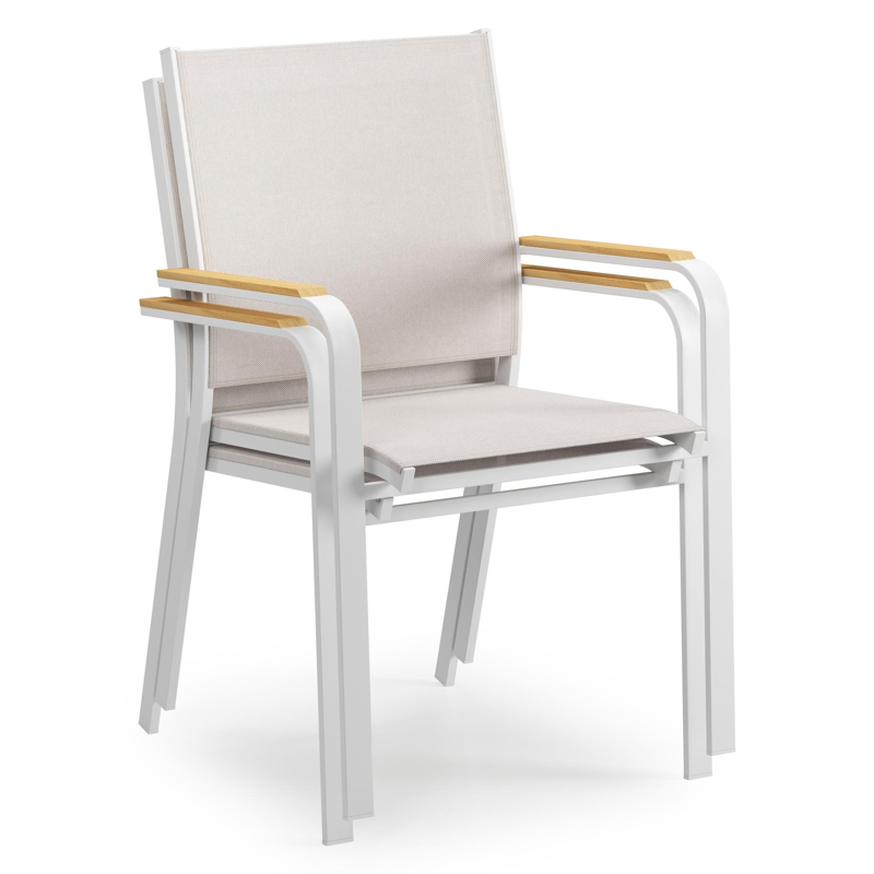 Amalfi tuinstoel in wit aluminium en beige single textilene en teak armleuning