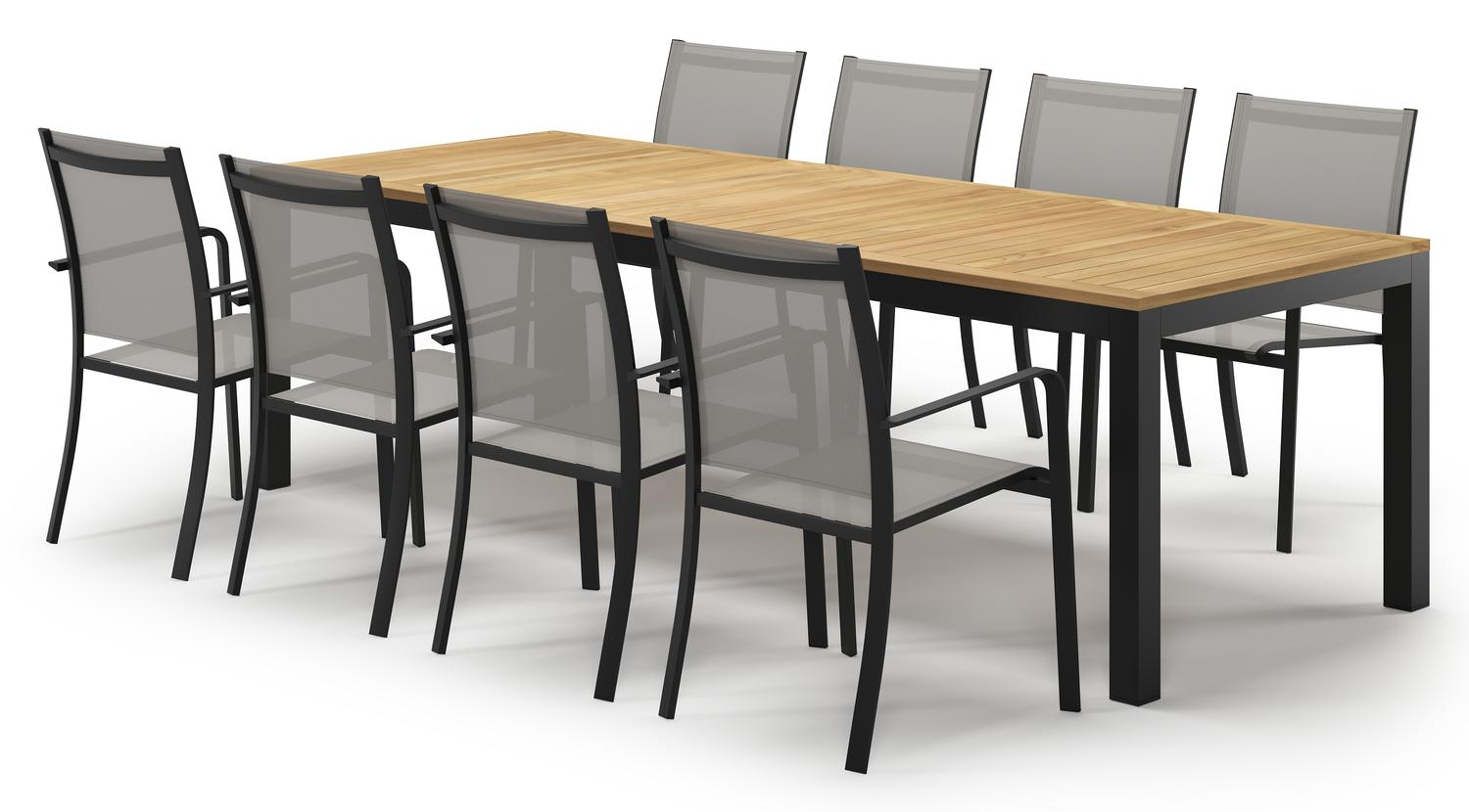 Varese tuinset in zwart aluminium en naturel teak tafelblad met 8 stapelbare Calobra tuinstoelen