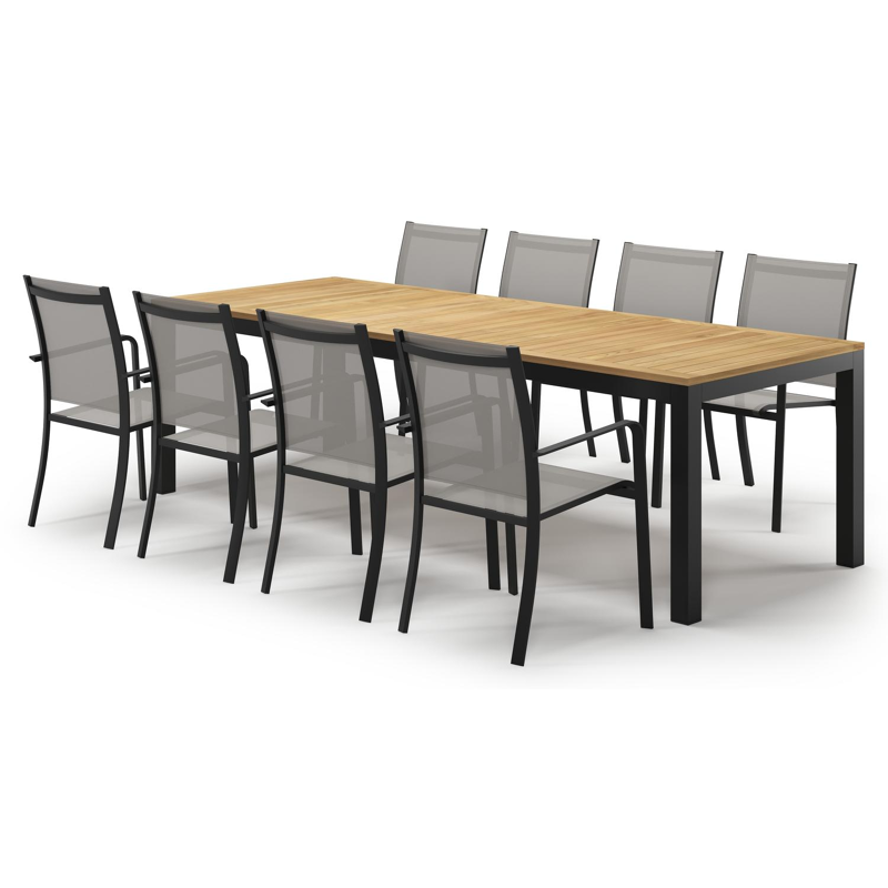 Varese tuinset in zwart aluminium en naturel teak tafelblad met 8 stapelbare Calobra tuinstoelen