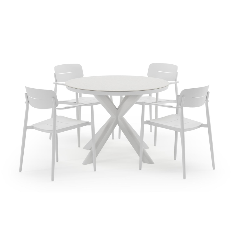Pamplona ronde tuinset in wit aluminium en sintered stone topo minerale met 4 Cosa tuinstoelen
