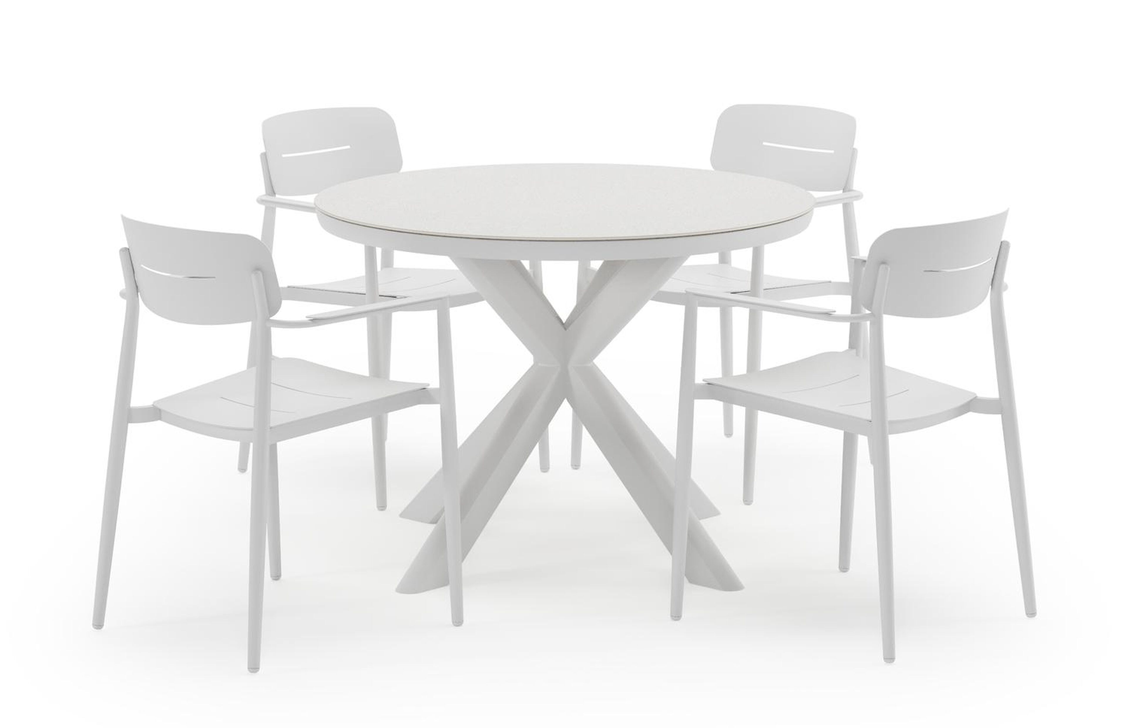 Pamplona ronde tuinset in wit aluminium en sintered stone topo minerale met 4 Cosa tuinstoelen