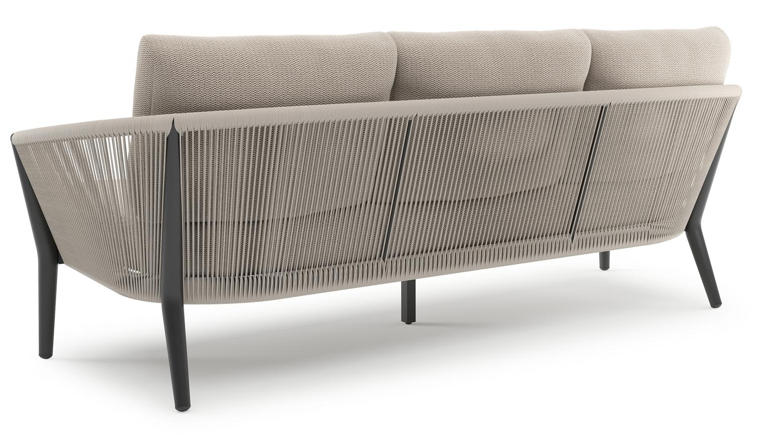 Canapé de jardin Orso en aluminium noir en corde ronde tissée verticalement beige et coussins en all weather sunbrella® luxe Lopi Fossil