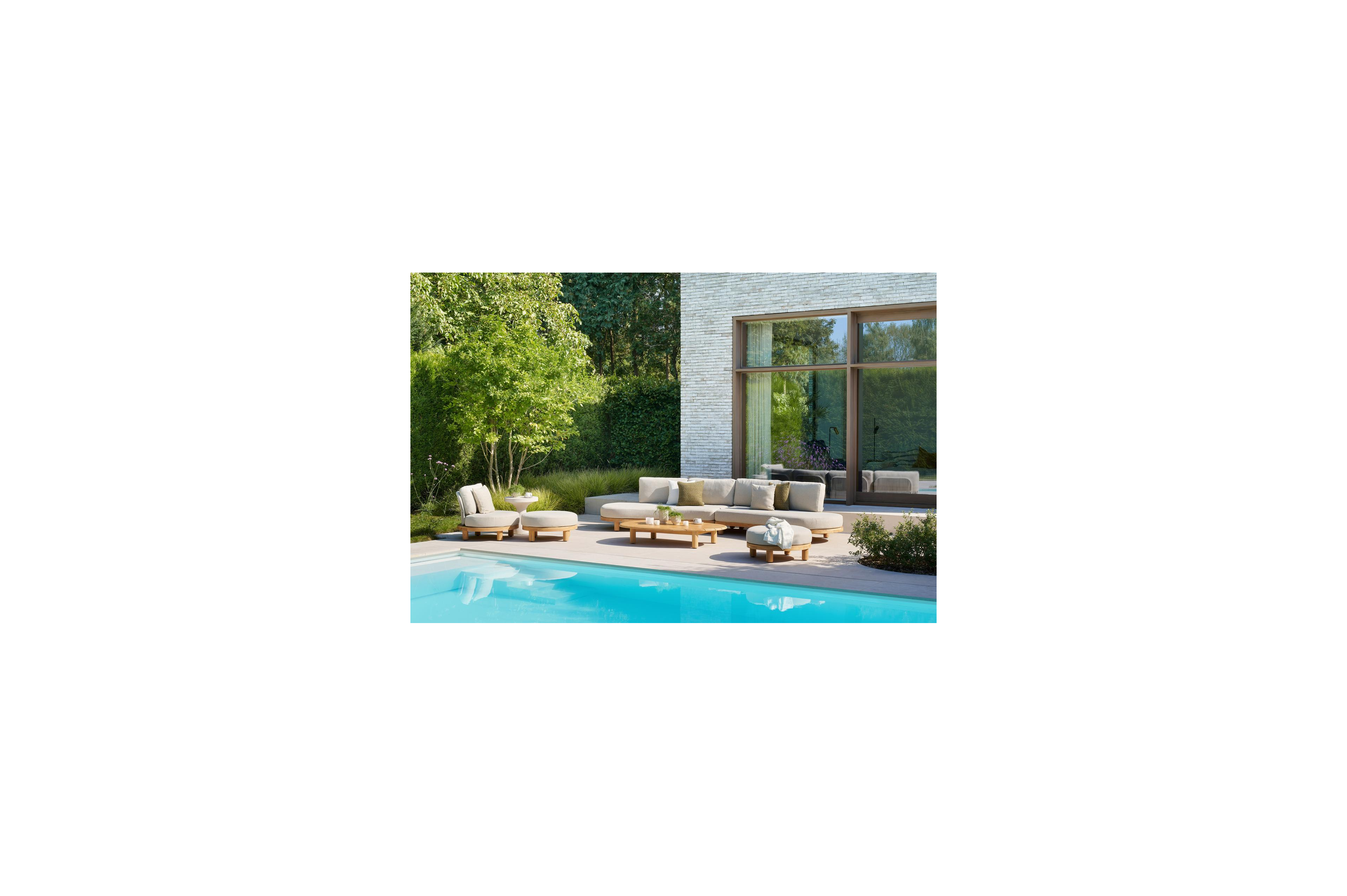 Donato loungebank in teak en beige verticaal geweven ronde rope met all weather sunbrella® luxe Chartres Sooty kussen