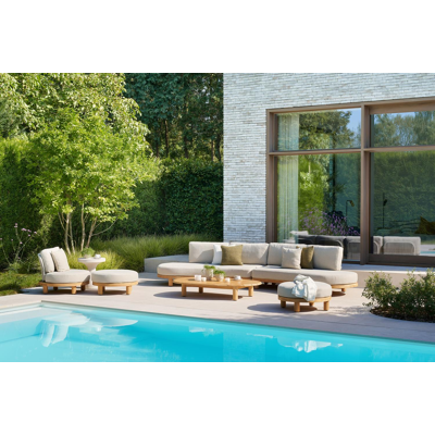 Donato loungebank in teak en beige verticaal geweven ronde rope met all weather cosytica Catania Black kussen