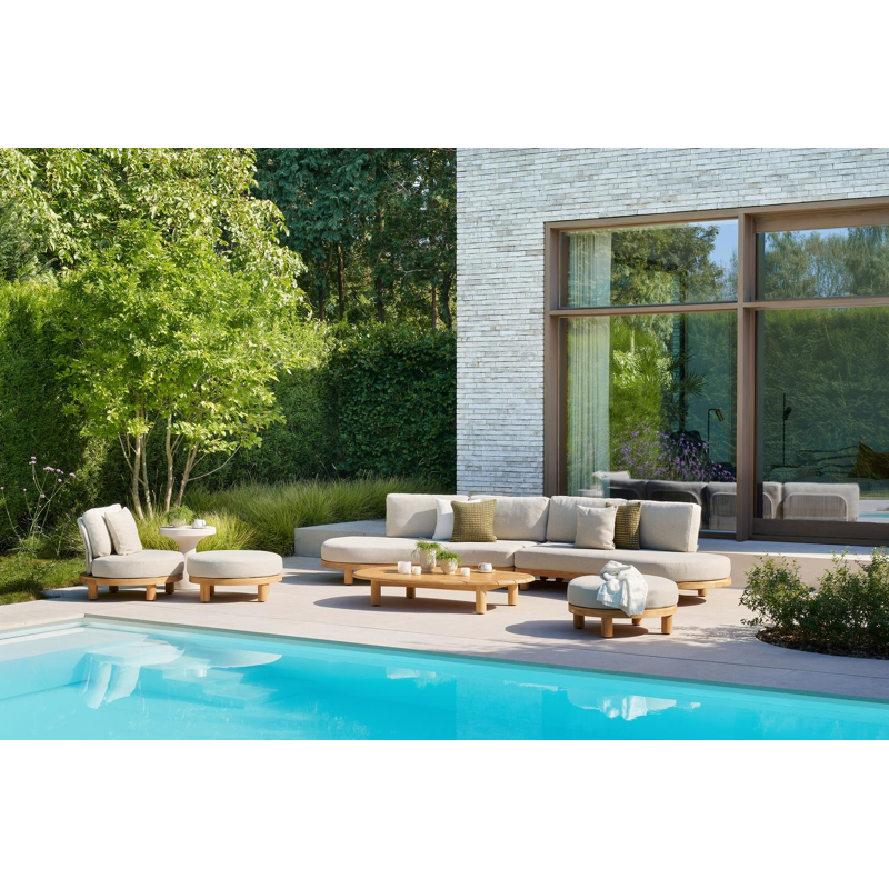 Canapé de jardin Donato en teck et corde ronde tissée verticalement beige et coussins en all weather sunbrella® luxe Chartres Sooty