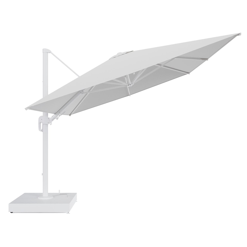 Rufina zweefparasol met tiltfunctie in wit aluminium en Ego Birch All Weather Solica parasoldoek - L1 400 x L2 300 cm met parasolvoet Minore 260 kg met wielen