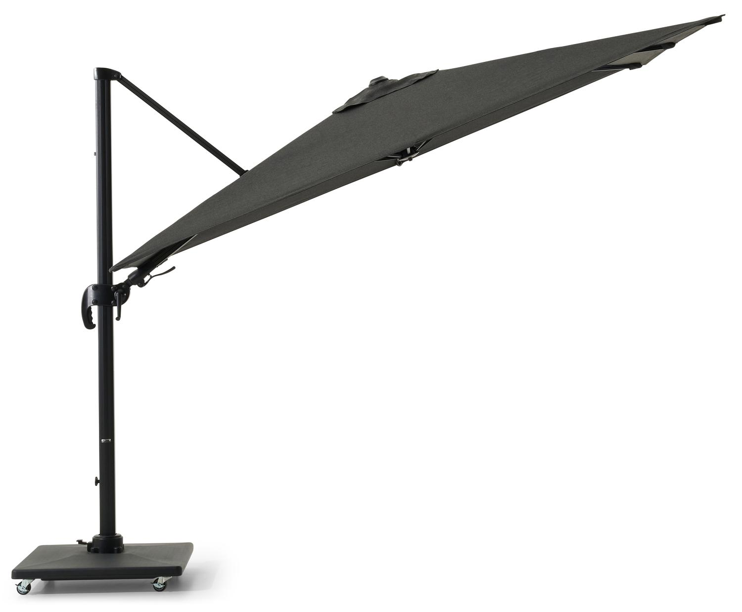 Avola zweefparasol met tiltfunctie in zwart aluminium en Natte Sooty Sunbrella® Premium parasoldoek - L1 200 x L2 300 cm met Avola parasolvoet 90 kg